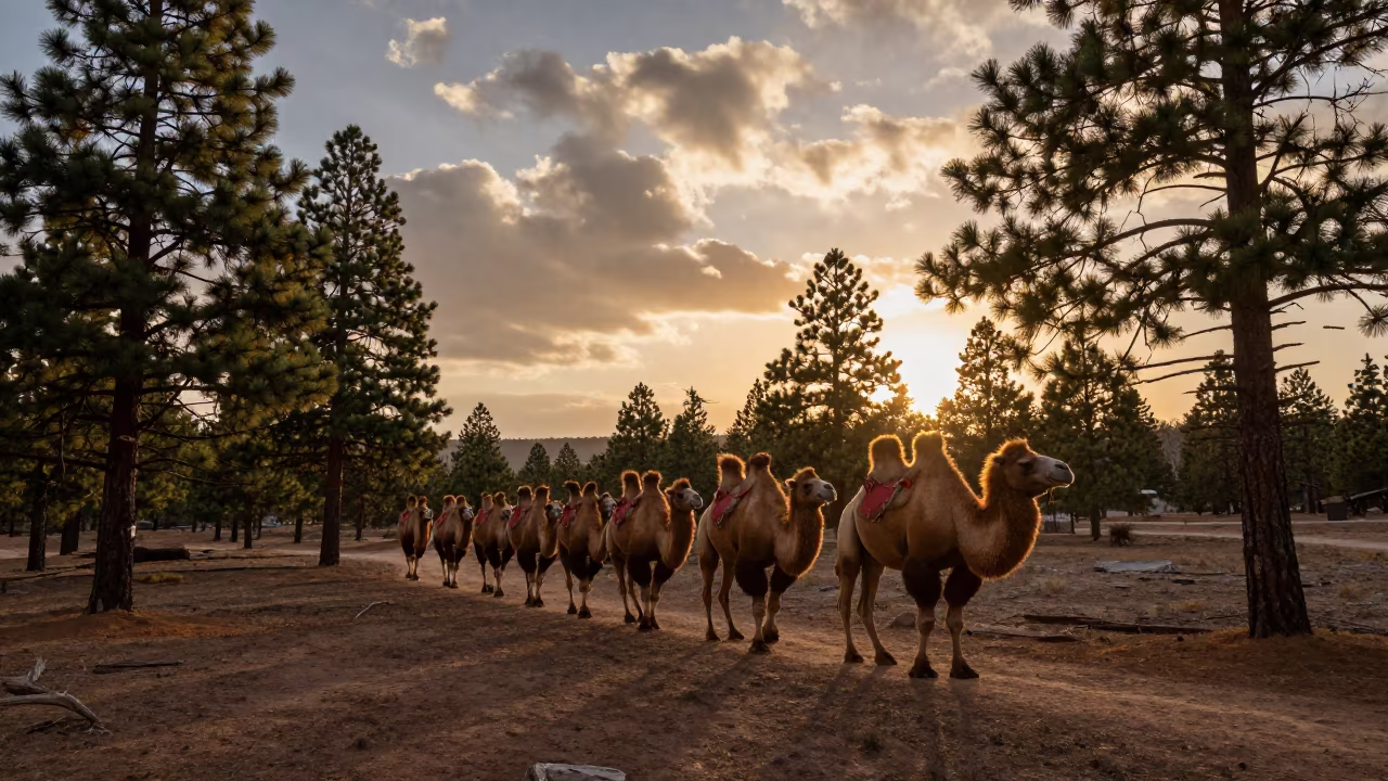 Camel Caravan on Utah Pine Switchback at Sunset in along a switchback approach in Utah