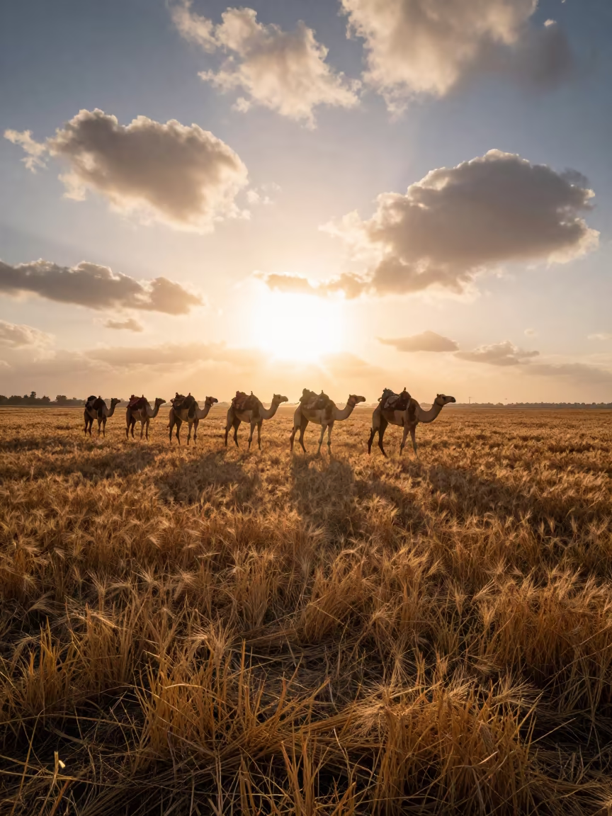 Camel Caravan Crosses Wheat Fields at Dawn Near Jeddah in near Jeddah