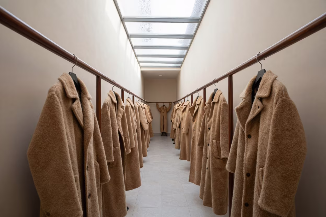 Camel Overcoats on Walnut Rails in Jeddah Corridor in in a backstage changing corridor in Jeddah