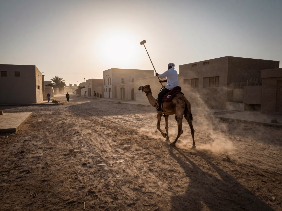 Camel Polo Player Dawn Shadow Rim Light in in a village lane near Riyadh
