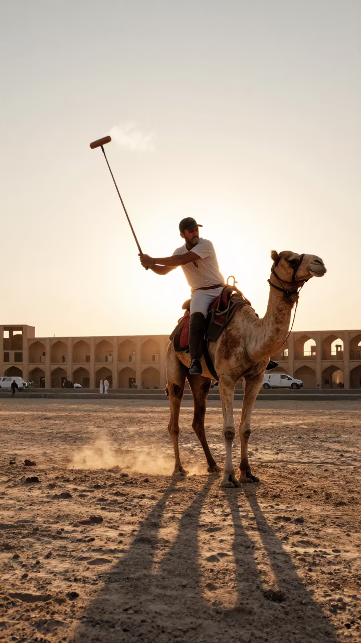 Camel Polo Player Golden Hour Harbor Isfahan in at a harbor quay near Isfahan