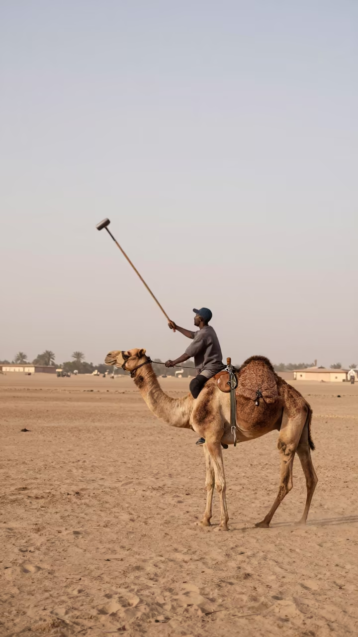 Camel Polo Player Swings Mallet Near Nouakchott in near open fields near Nouakchott