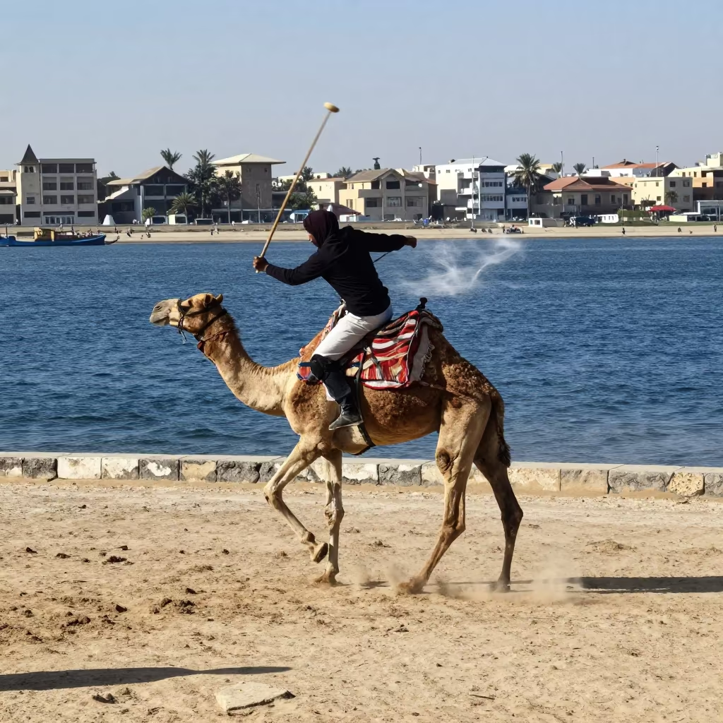 Camel Polo Player Swings Mallet at Cairo Harbor in at a harbor quay near Cairo