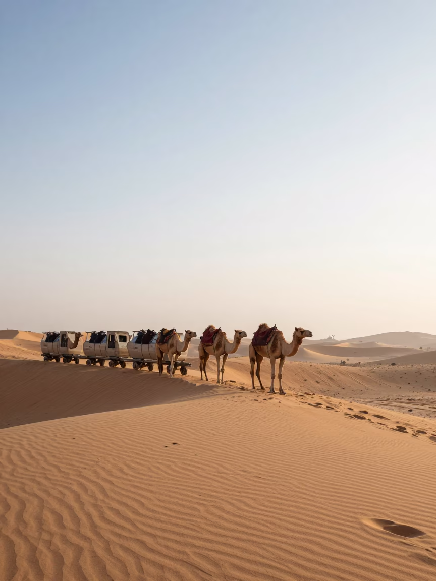 Camel Train on Abu Dhabi Dunes at Dawn in on a wind-scoured ridge near Abu Dhabi