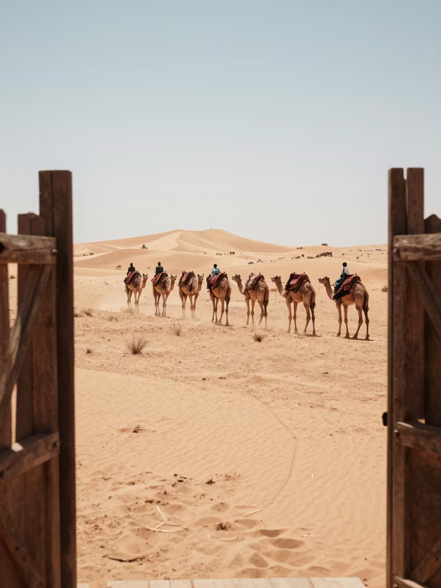 Camel Train Crossing Dunes Near Nouakchott in near Nouakchott