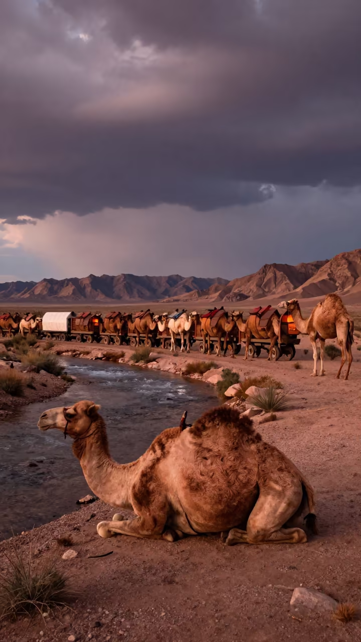 Camel Train Resting at Arizona Oasis Midsummer in above a glacial stream in Arizona