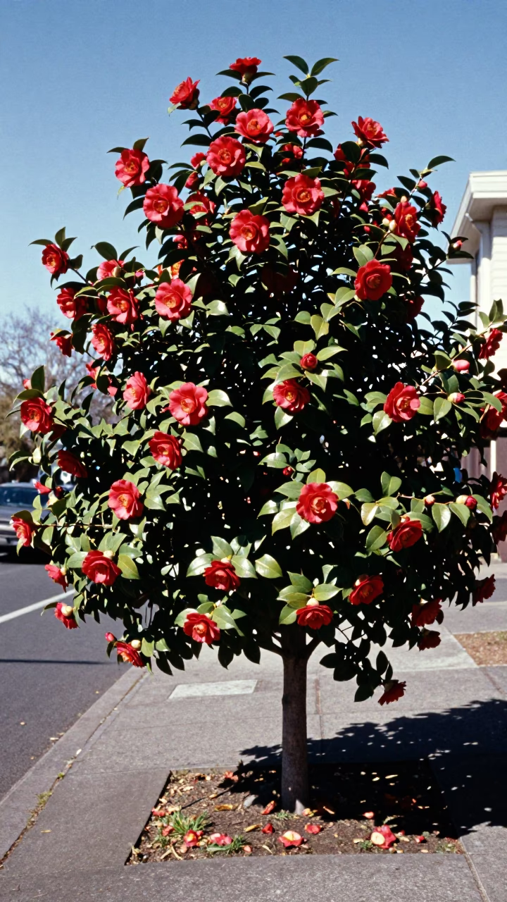 Camellia Blooms in Portland at The Flat Glare Of Noon Light in in Portland, Oregon, United States