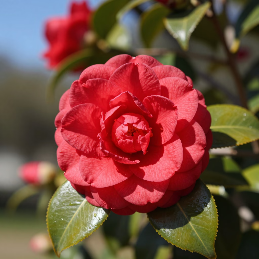 Camellia with Perfect Waxy Petals Blooming in San Diego California Bright Midmorning Light in in San Diego, California, United States
