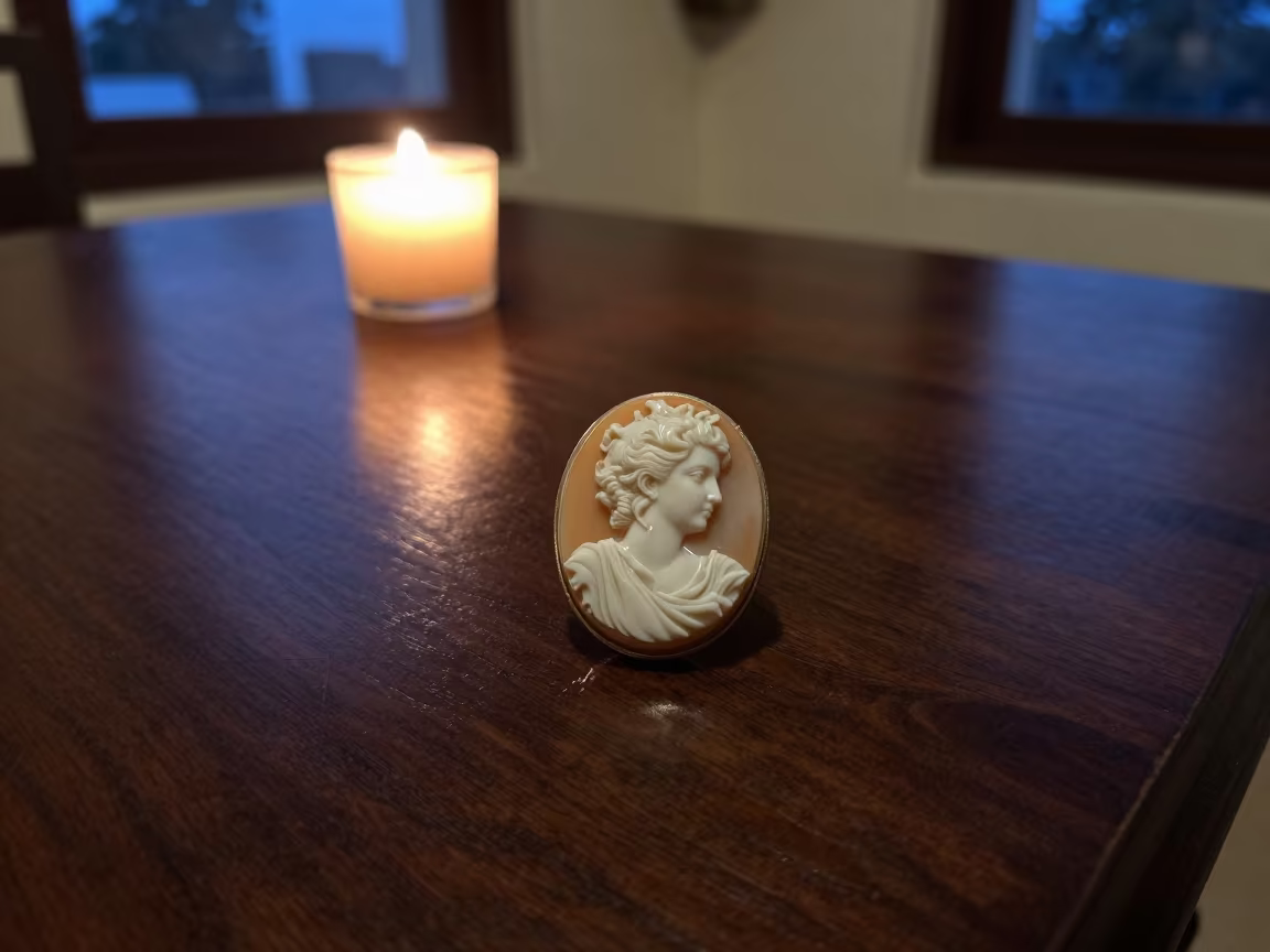 Cameo Pin on Lacquered Table at Twilight in on a cafe table by a window in Lalitpur