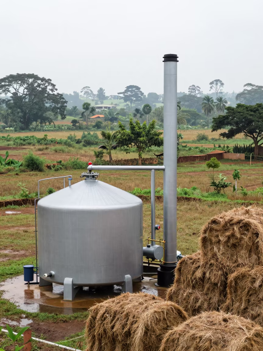 Cameroon Biogas Plant Beside Hay Bales in beside stacked hay bales in Cameroon