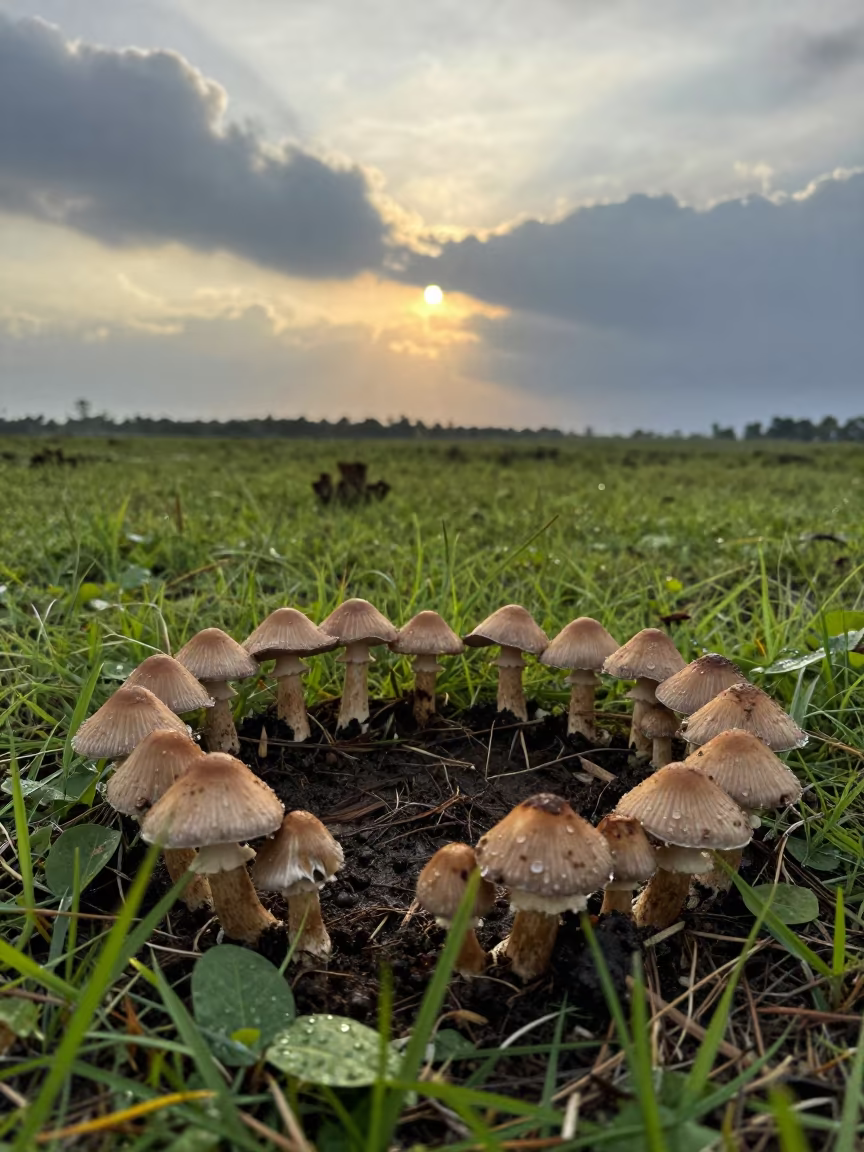 Cameroon Meadow Fairy Ring at Dawn in in short meadow grass where a mushroom ring emerges from wet soil at first light in Cameroon