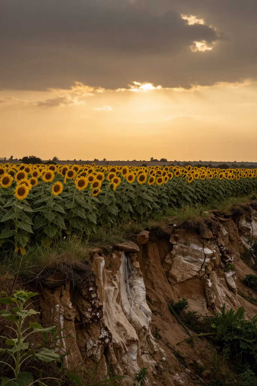 Cameroon Sunflowers Cliff Sunset Wet Season in along a salt-sprayed cliff edge in Cameroon