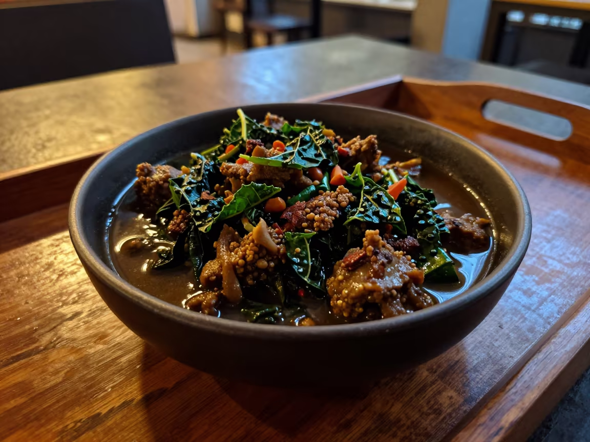Cameroonian Ndole Stew on Lacquered Tray in on a lacquered tray in Guayaquil