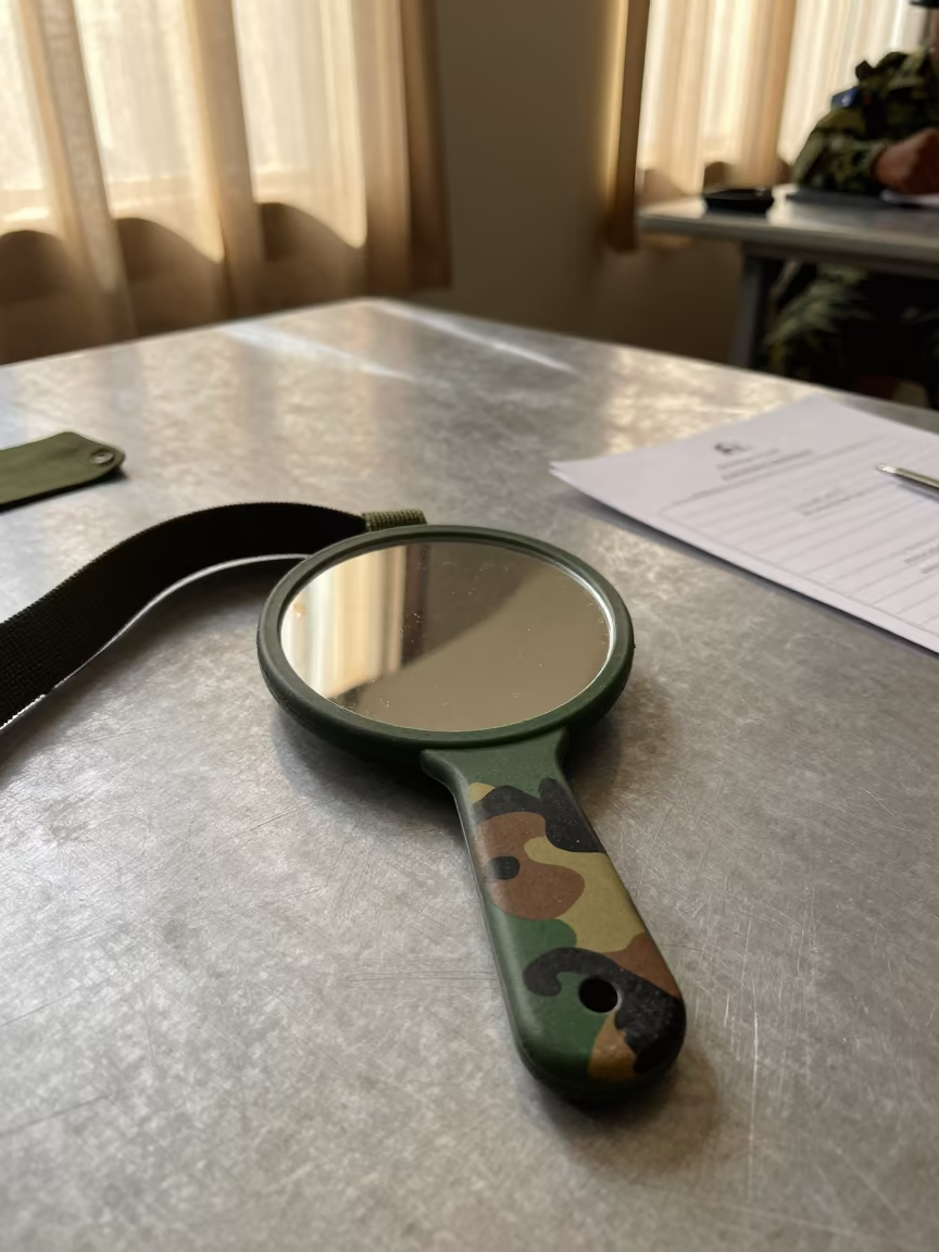 Camouflage Mirror in Equatorial Guinea Barracks in in a mess hall before service in Equatorial Guinea