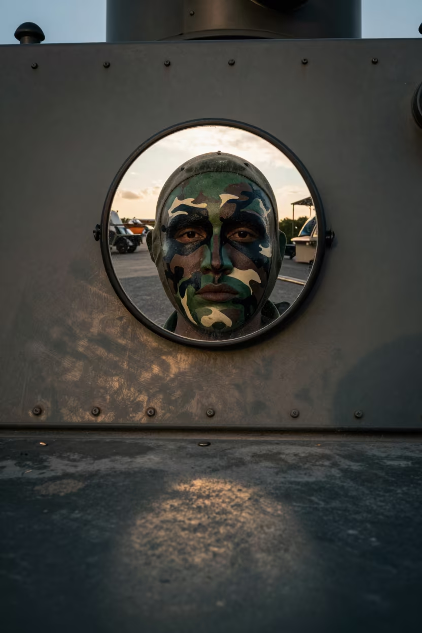 Camouflage Mirror in Jamaican Barracks Bay in in an armored vehicle bay in Jamaica