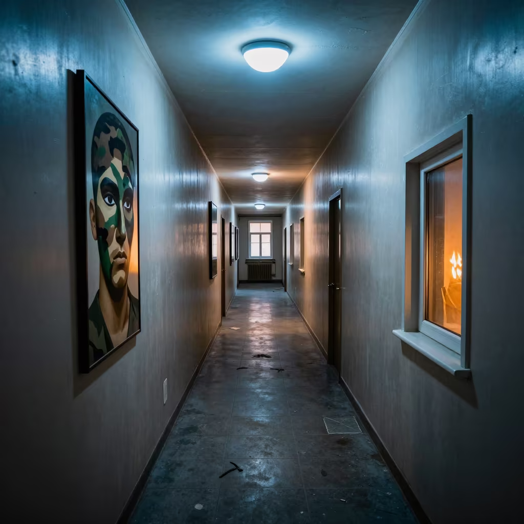 Camouflage Mirror in Midnight Barracks Skopje in inside a barracks corridor in Skopje