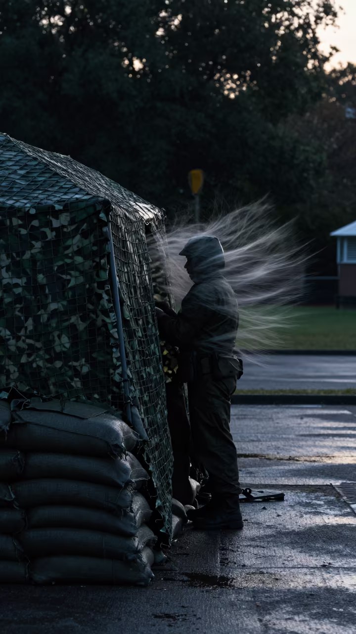 Camouflage Net Shelter Silhouetted at Dawn in on a parade ground near Castries