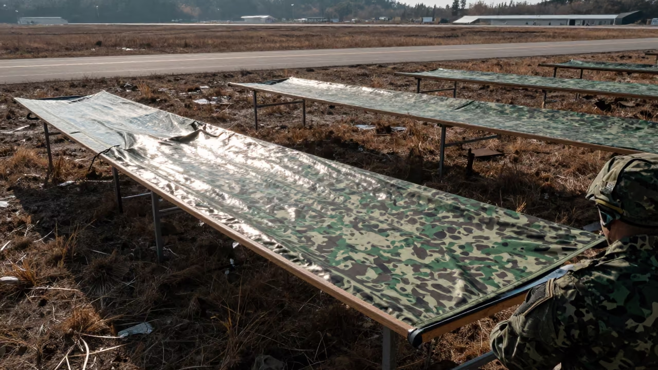 Camouflage Net Over Tables at Daegu Airbase in along an airbase flight line in Daegu