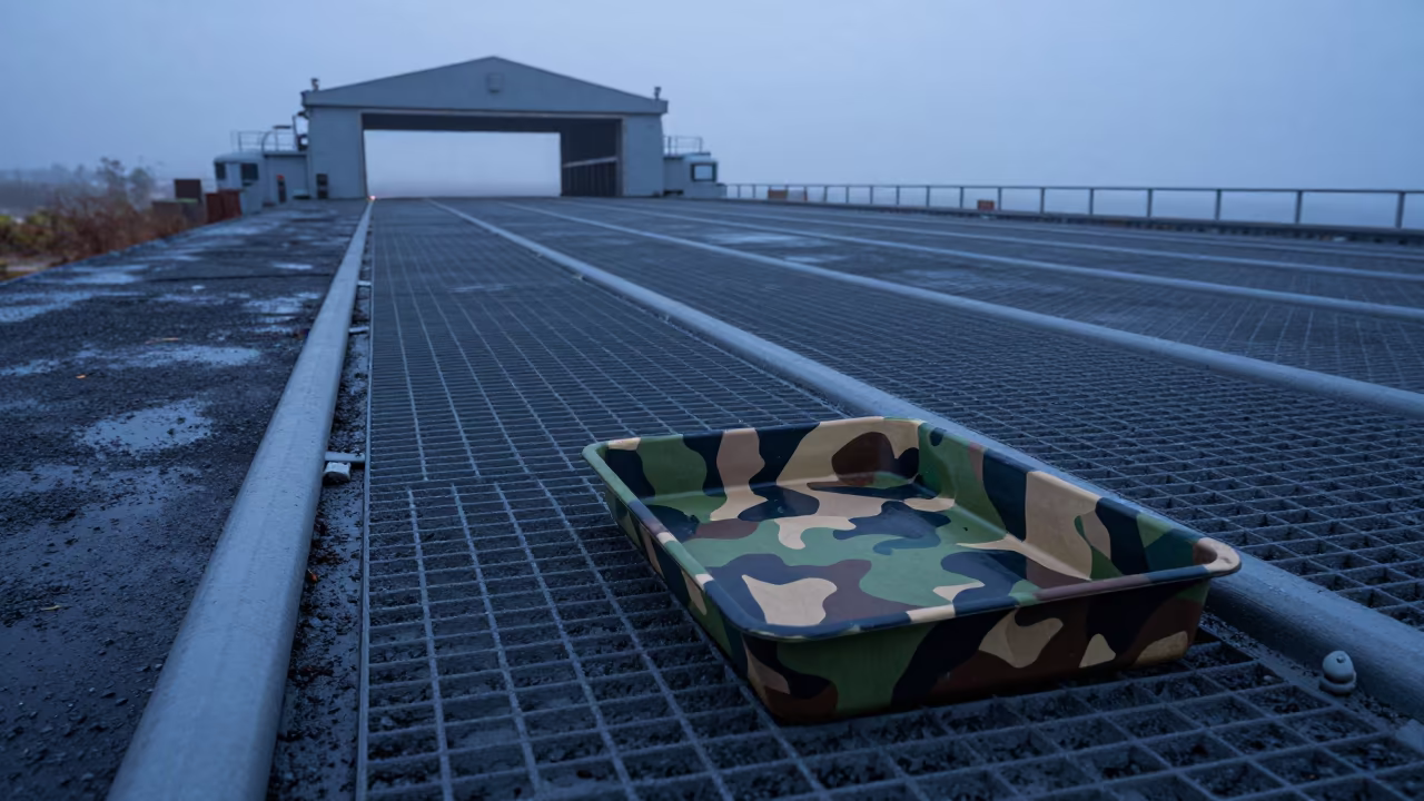 Camouflage Paint Tray on Naval Deck at Blue Hour in on a naval deck in rough wind in Ashkelon