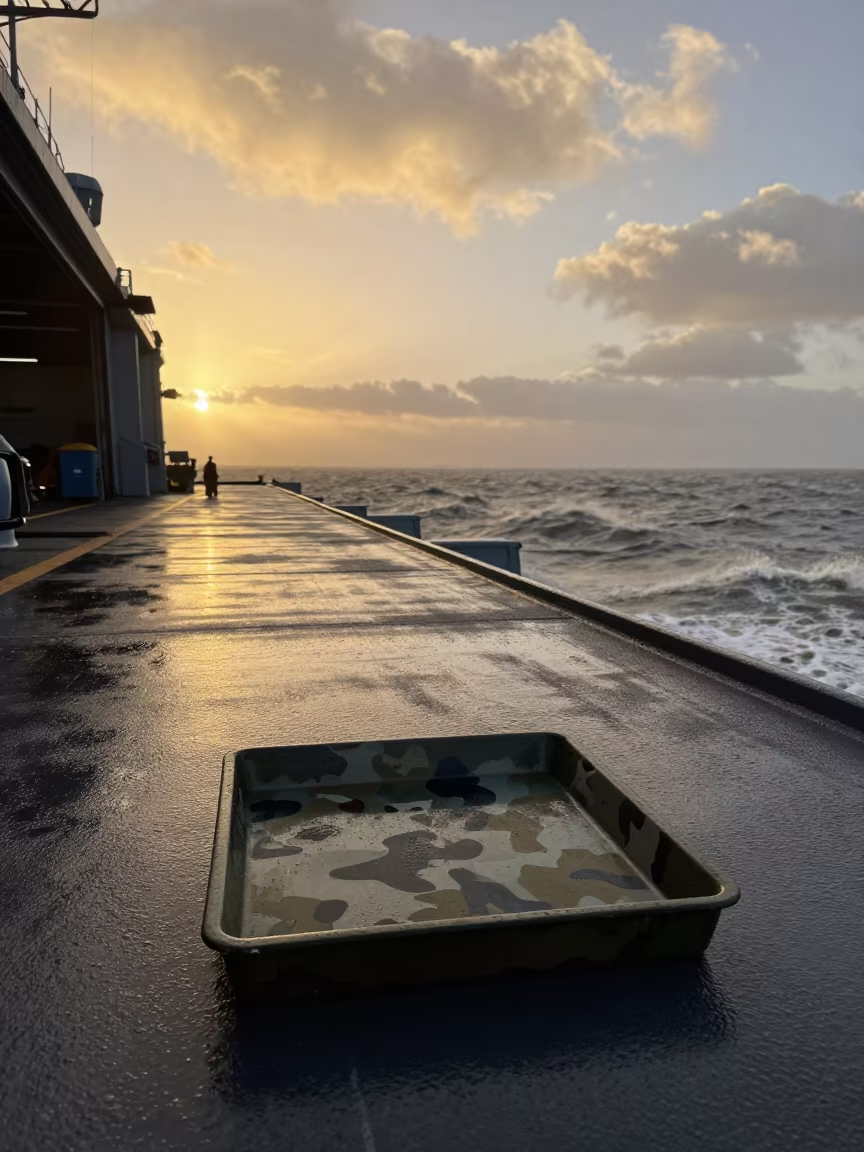 Camouflage Paint Tray on Naval Deck at Golden Hour in on a naval deck in rough wind in the Rift Valley