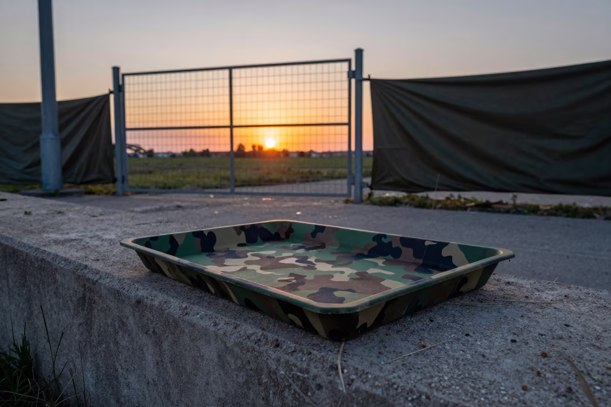 Camouflage Paint Tray at Romanian Military Checkpoint in at a checkpoint lane in Romania