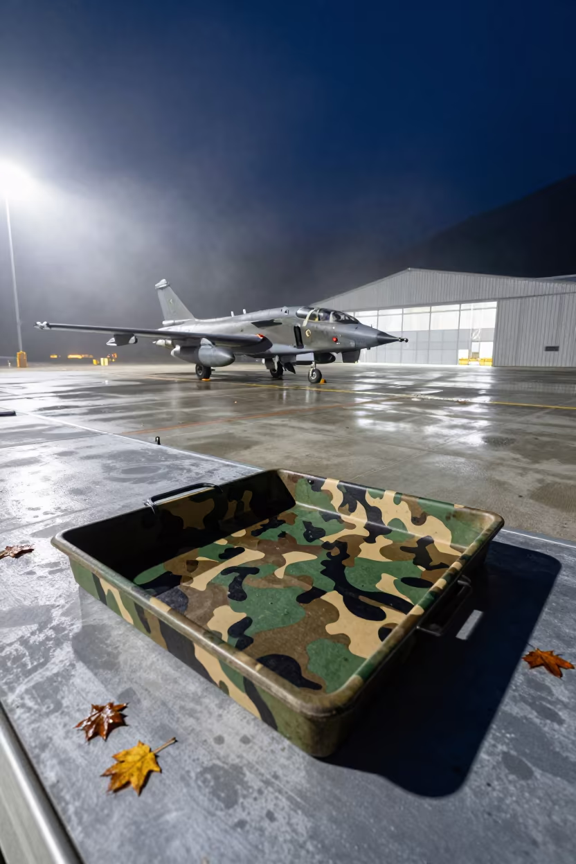 Camouflage Paint Tray on Winter Airbase Mist in along an airbase flight line in Andorra