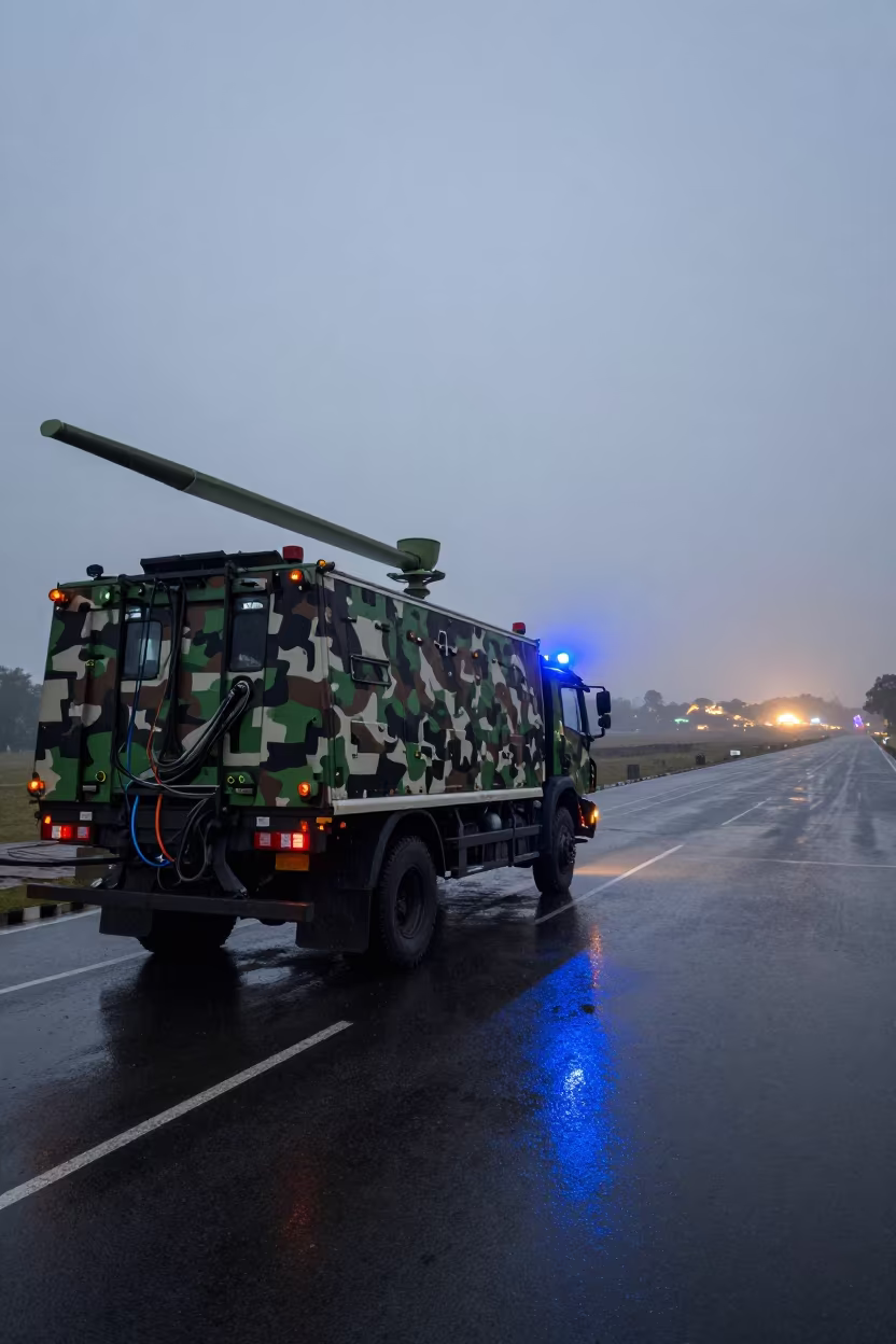 Camouflage Radar Truck Sleet Evening South Sudan in on a parade ground in South Sudan