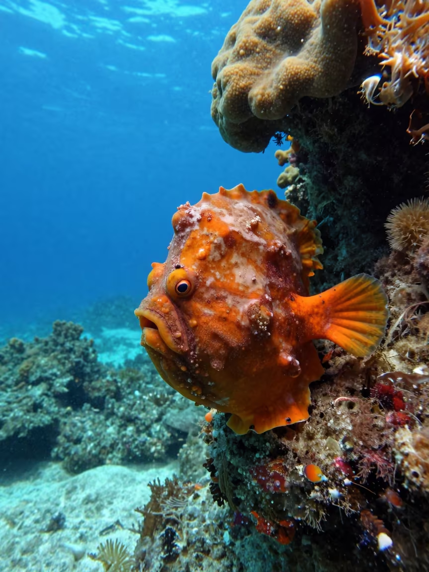 Camouflaged Frogfish on Volcanic Reef Sponge in beside a volcanic reef overhang near Denpasar