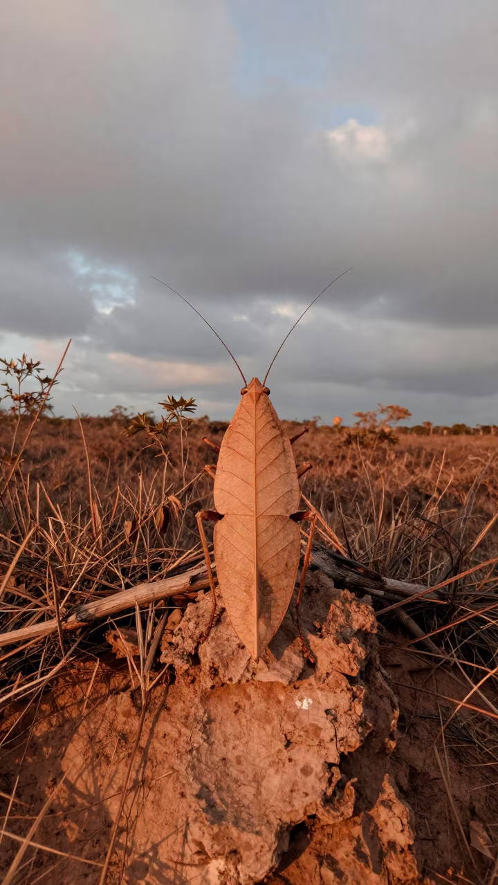 Camouflaged Leaf Insect on Wind-Scoured Maceio Ridge in on a wind-scoured ridge near Maceio