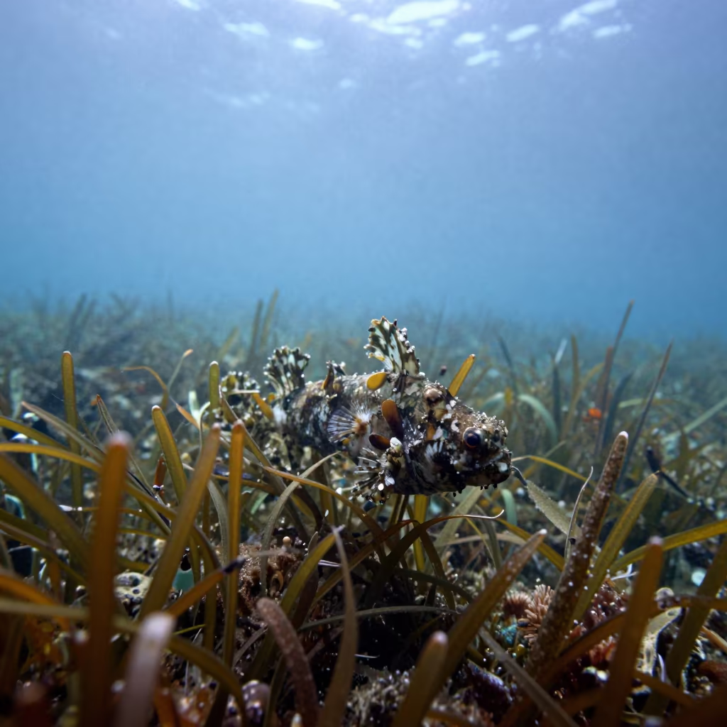 Camouflaged Pipefish Among Seagrass at Dawn in above a cold-water reef edge in Portugal