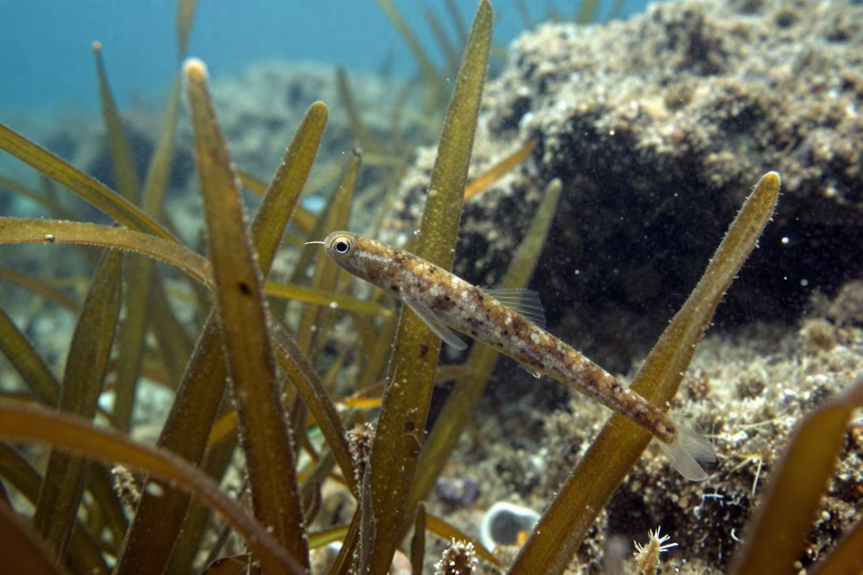 Camouflaged Pipefish Among Sicilian Seagrass in through kelp fronds beside a rocky shelf in Sicily
