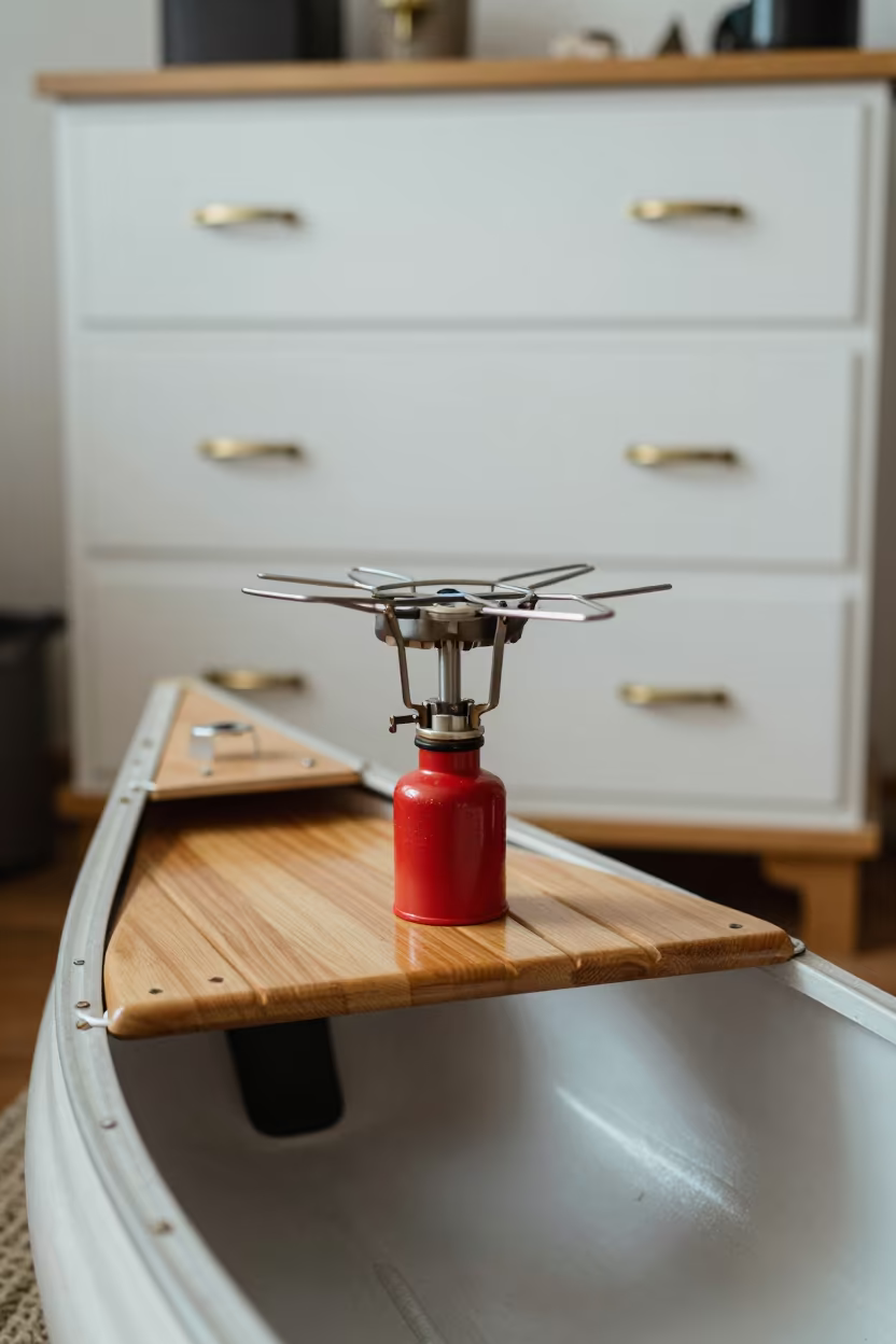 Camp Stove on Canoe Seat Hotel Room Milan in on a hotel dresser in Milan