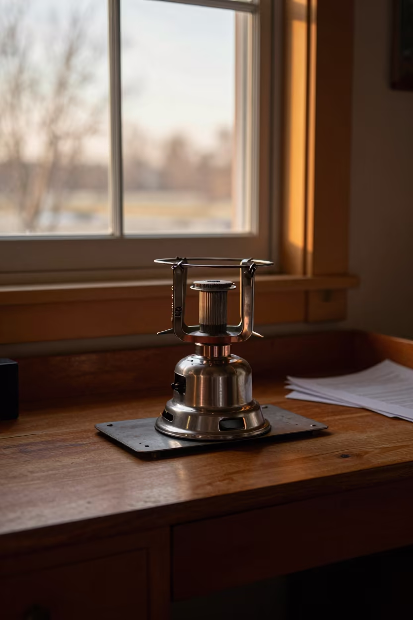 Camp Stove on Canoe Seat Kerman Desk in on a writing desk in Kerman