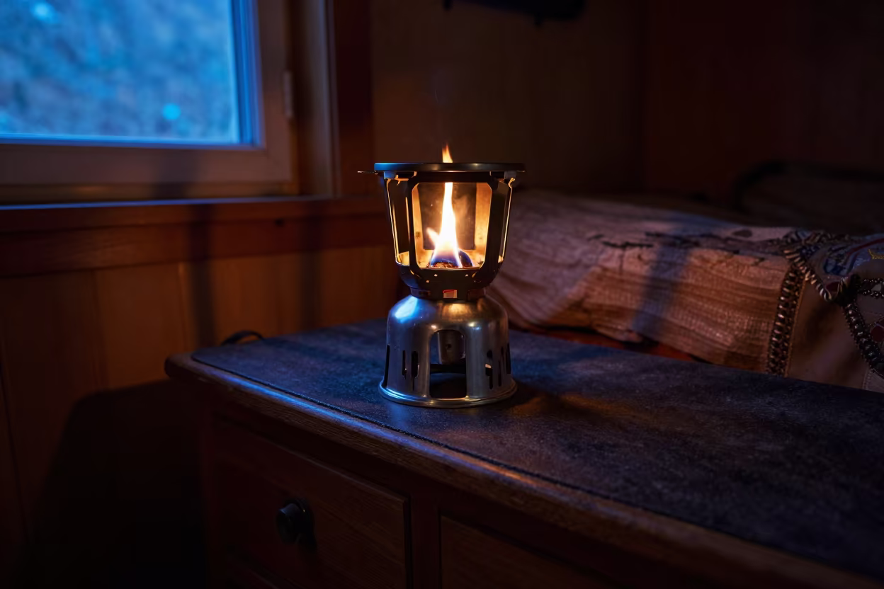 Camp Stove on Canoe Seat Skardu Night in on a hotel dresser near Skardu