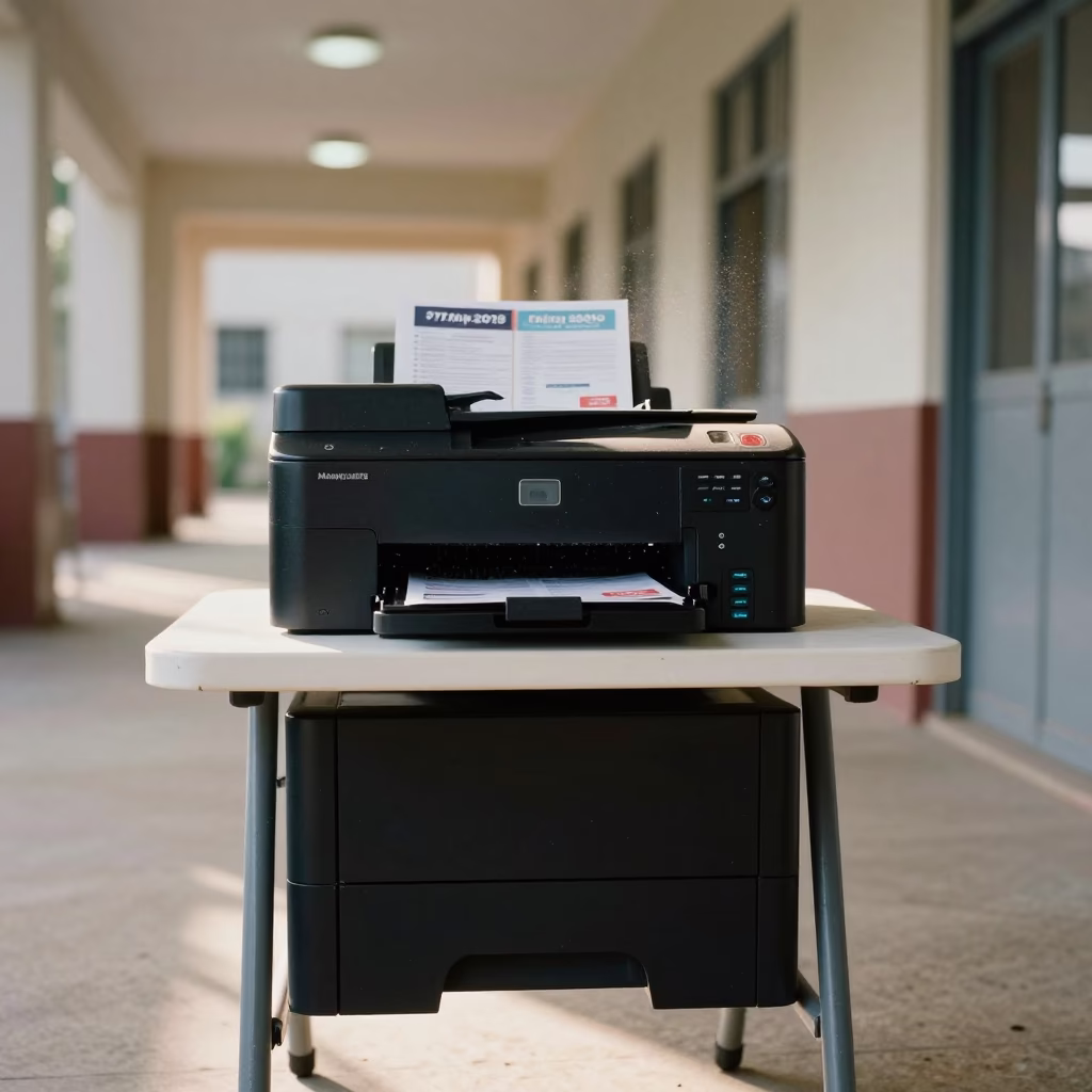 Campaign Flyers Emerge from Printer in Ondo Courthouse in in a courthouse corridor in Ondo