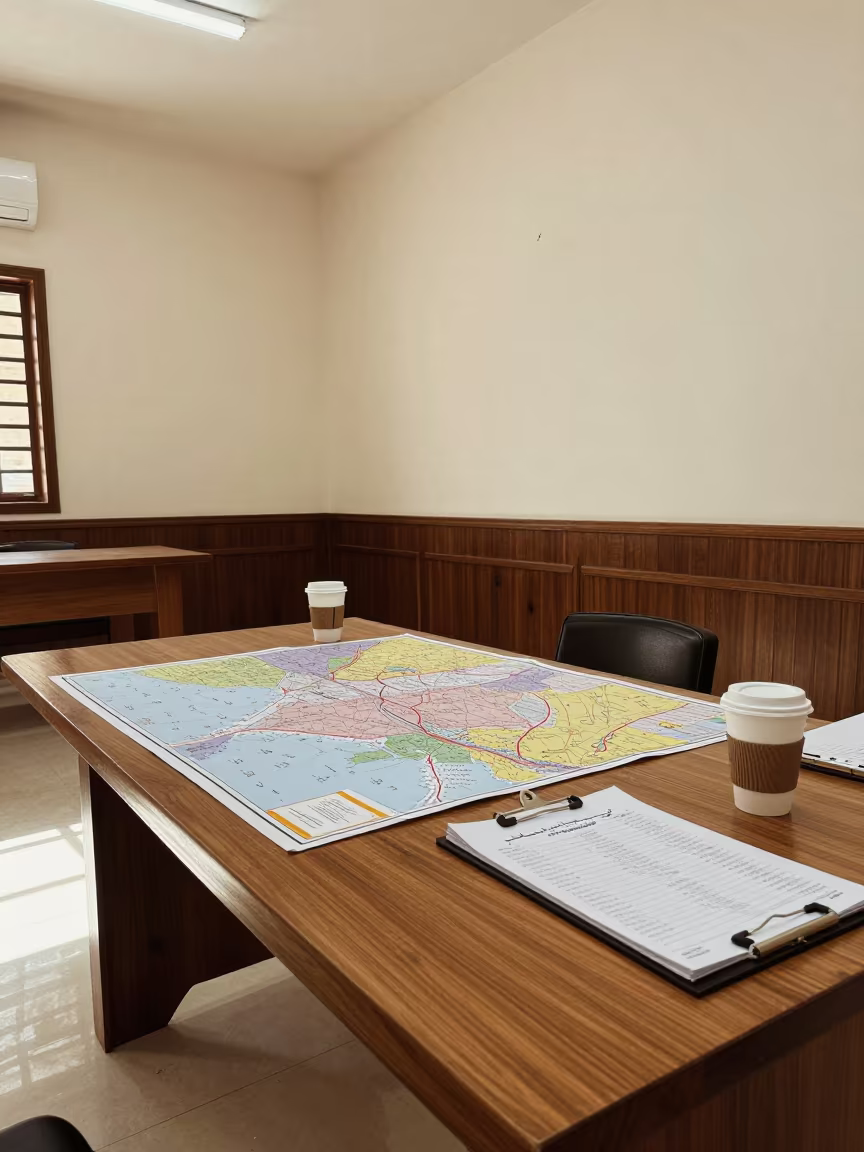 Campaign Office Maps Coffee Cups Samawah in in a fluorescent town hall meeting room in Samawah