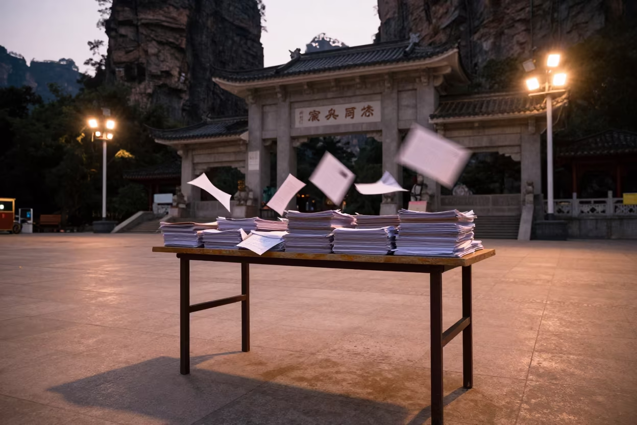 Campaign Table Under Government Lights Before Dusk in beneath government building floodlights near Zhangjiajie