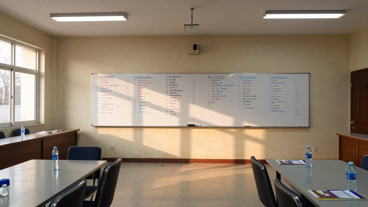 Campaign Office Whiteboard Tracking Neighborhoods at Sunset in in a fluorescent town hall meeting room in Chandigarh