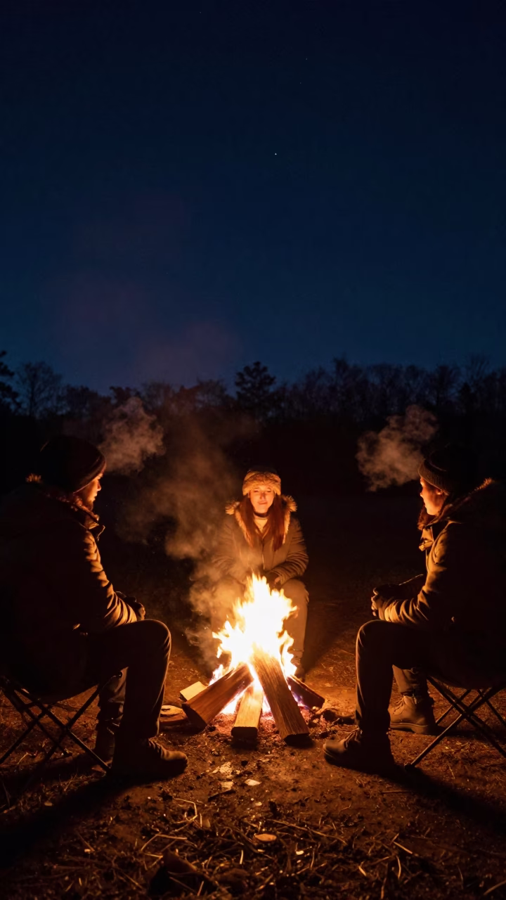Campfire Faces Under Connecticut Winter Stars in under the clearest stretch of sky in Connecticut