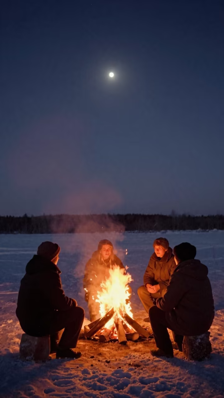 Campfire Faces Under Winter Stars in beneath a moon-washed horizon near Kemerovo
