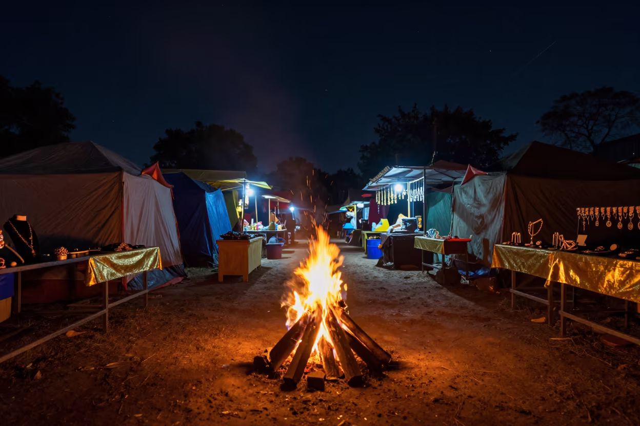 Campfire Glow on Tents in Bhilai Bazaar in at a goldsmith bench in a bazaar jewelry lane in Bhilai