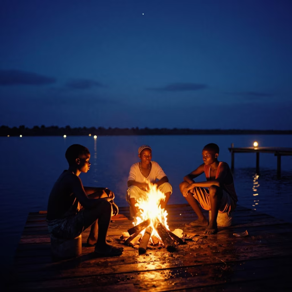 Campfire Glow Warms Faces Under Starry South Sudan Sky in beside a lantern-dotted harbor in South Sudan