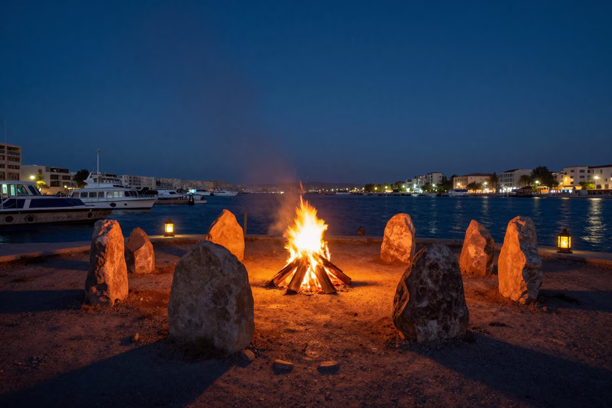 Campfire Shadows Among Standing Stones at Zarqa Harbor in beside a lantern-dotted harbor near Zarqa