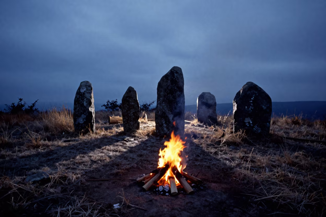Campfire Silhouette Among Autumn Standing Stones in from a frost-hushed ridgeline near Wenzhou