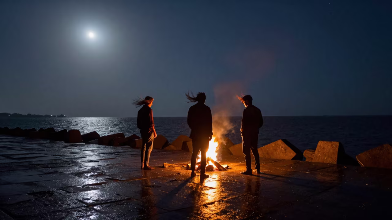 Campfire Silhouettes on Ahmedabad Breakwater at Dawn in from a moonlit breakwater near Ahmedabad