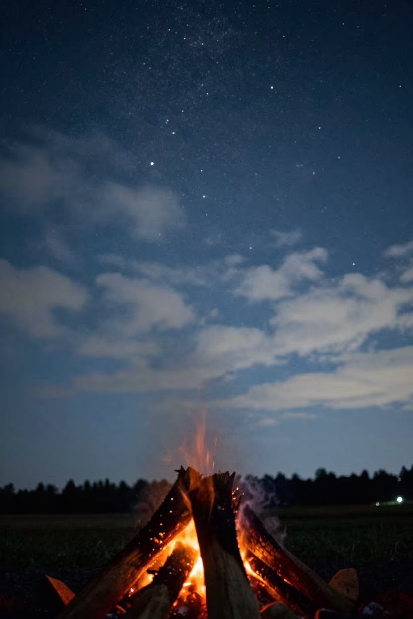 Campfire Smoke Spiral Under Nagoya Stars in beneath thin cloud gaps and stars near Nagoya