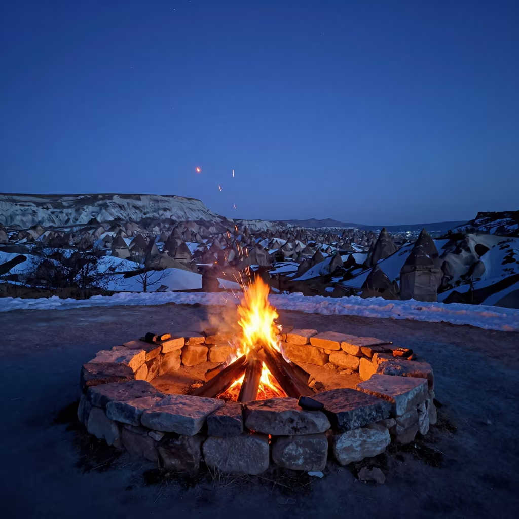 Campfire Sparks Rise Over Cappadocia Snowfields at Blue Hour in beneath a hard winter sky over snowfields in Cappadocia