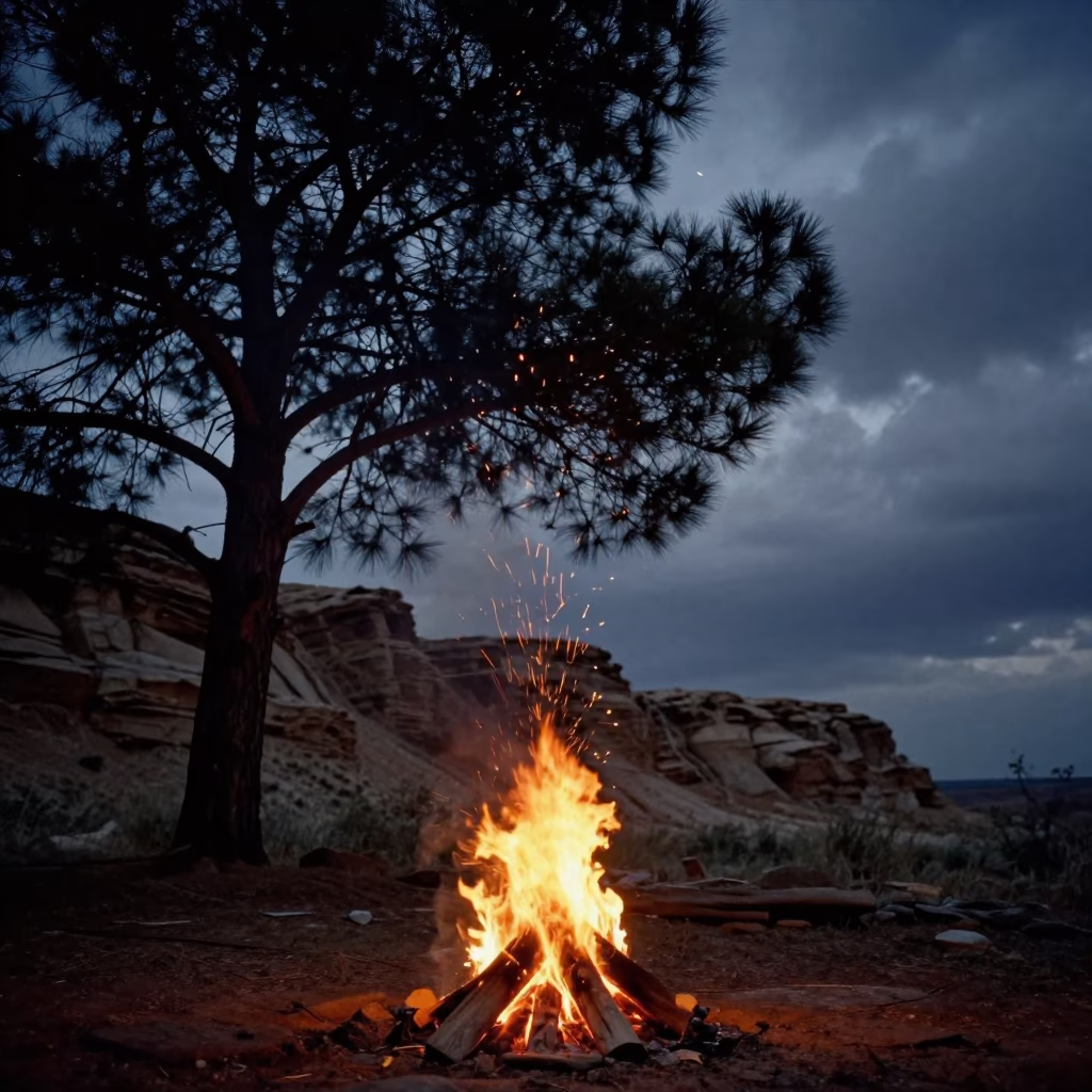 Campfire Sparks Under Desert Escarpment Night Sky in beneath a wind-cut desert escarpment near Enugu