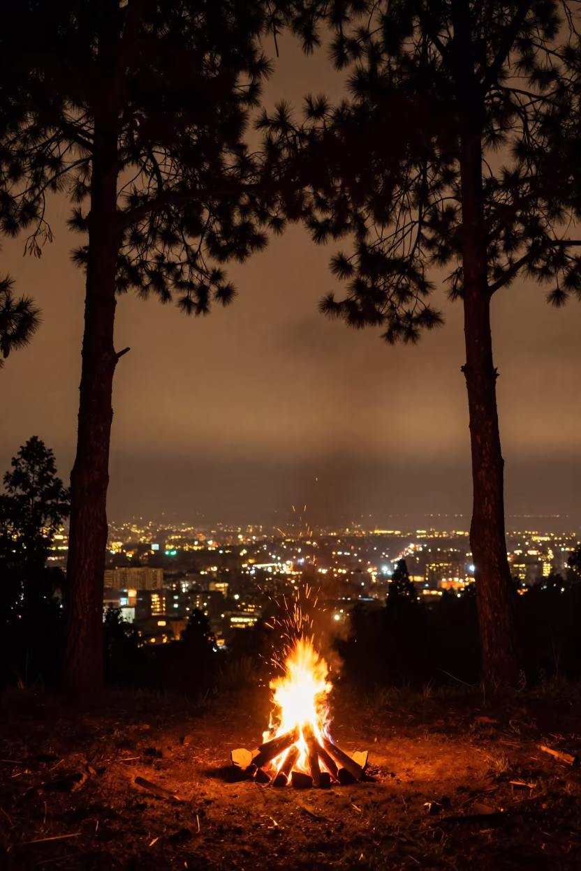 Campfire Sparks Rise Over Addis Ababa in beneath a dark-sky overlook near Piazza, Addis Ababa
