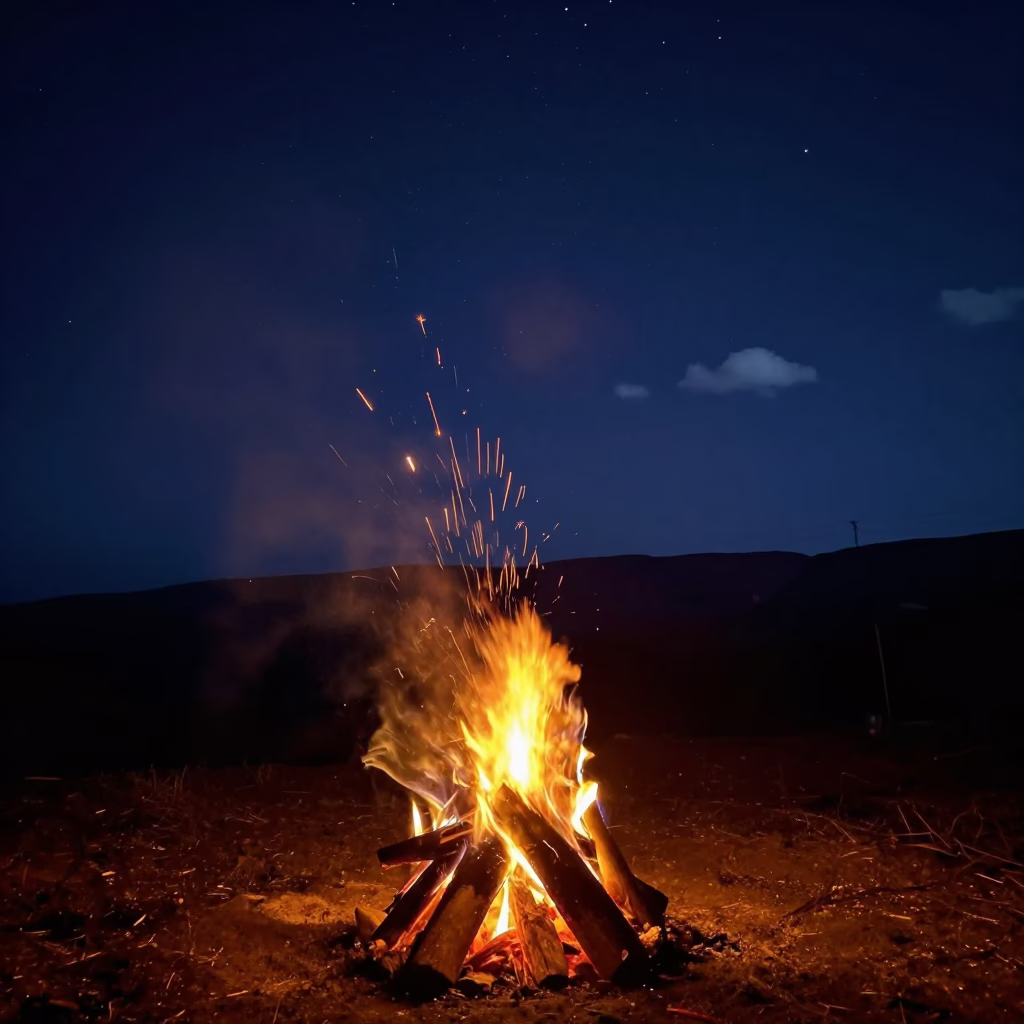 Campfire Sparks Rising Against Sichuan Stars in beneath thin cloud gaps and stars in Sichuan